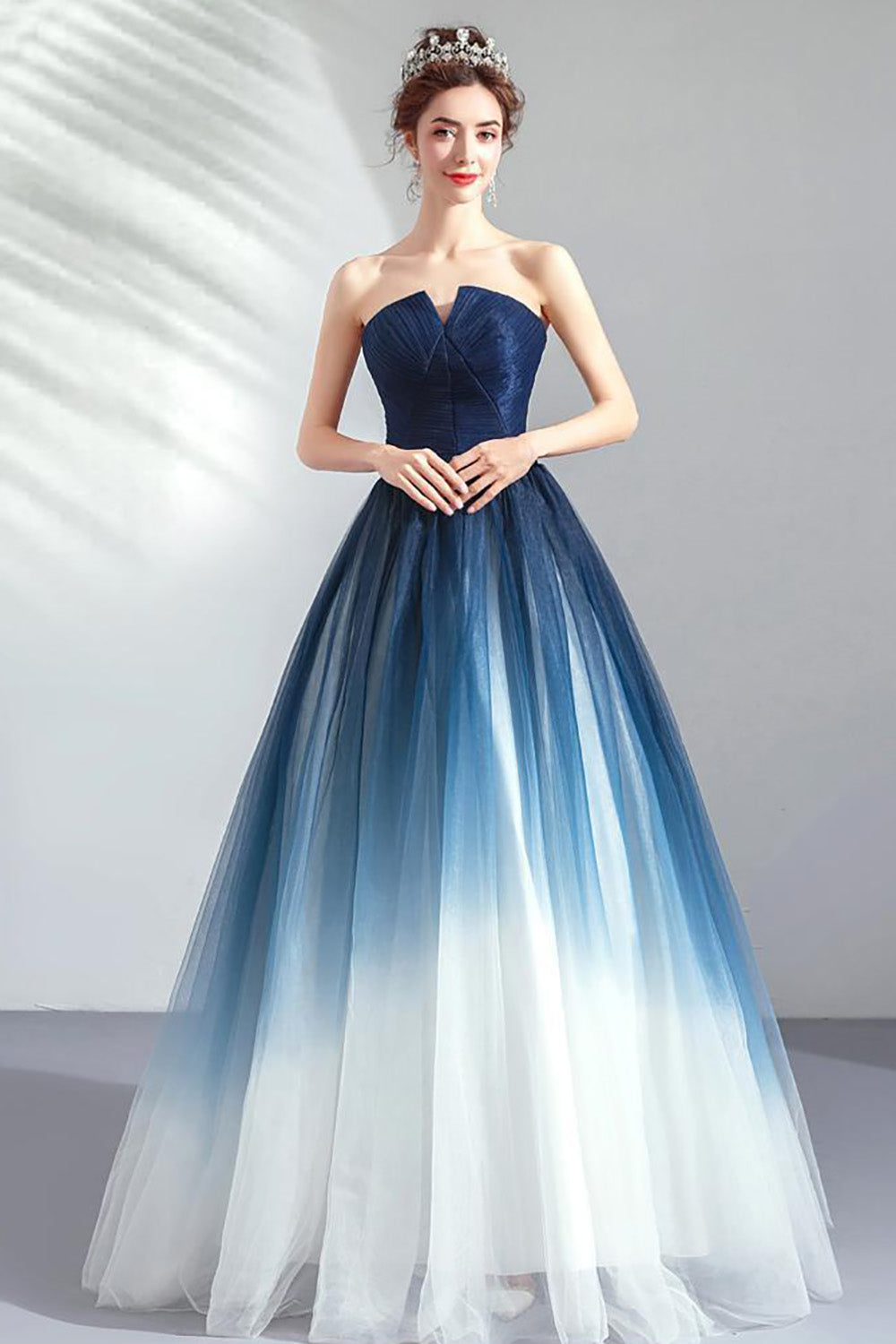 Navy Strapless A-Line Tulle Pleated Long Prom Dress