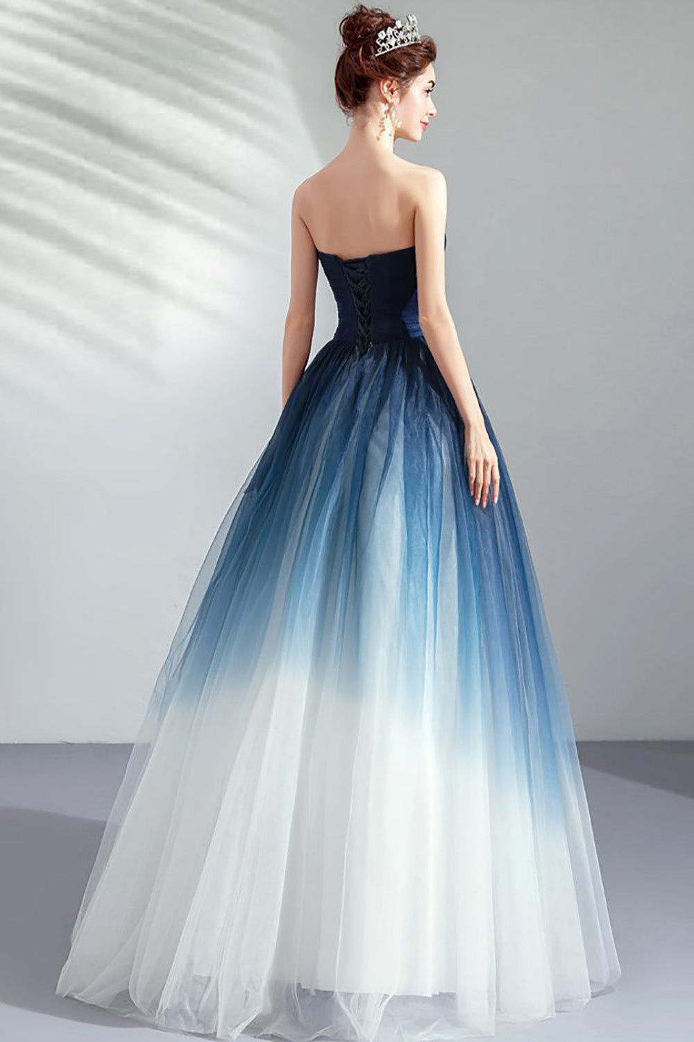 Navy Strapless A-Line Tulle Pleated Long Prom Dress