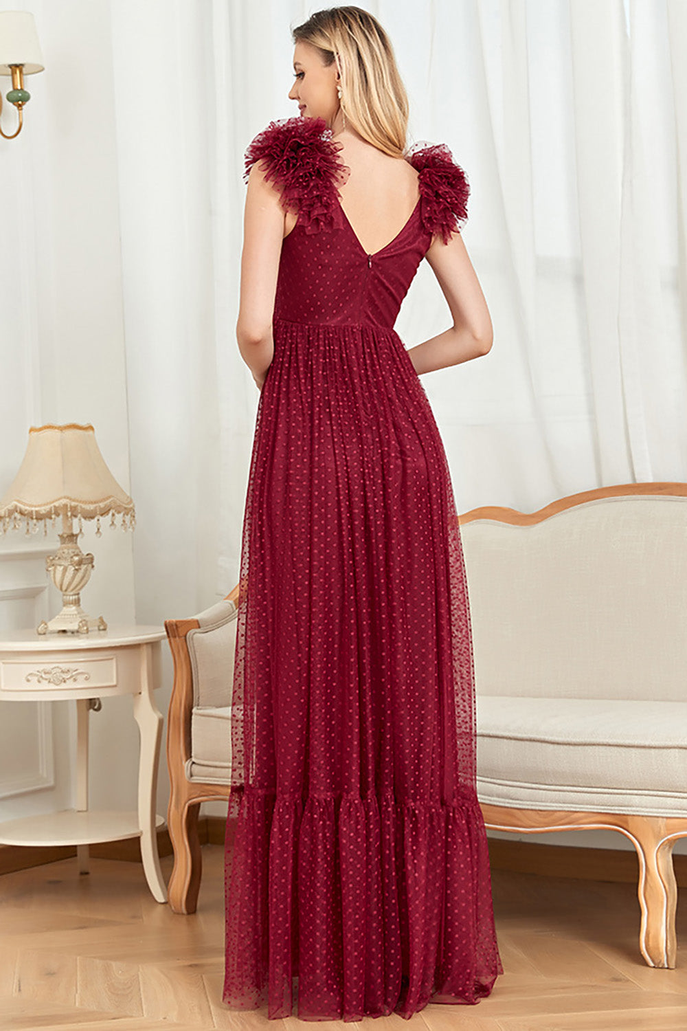 Burgundy A Line V Neck Sleeveless Tulle Long Prom Dress