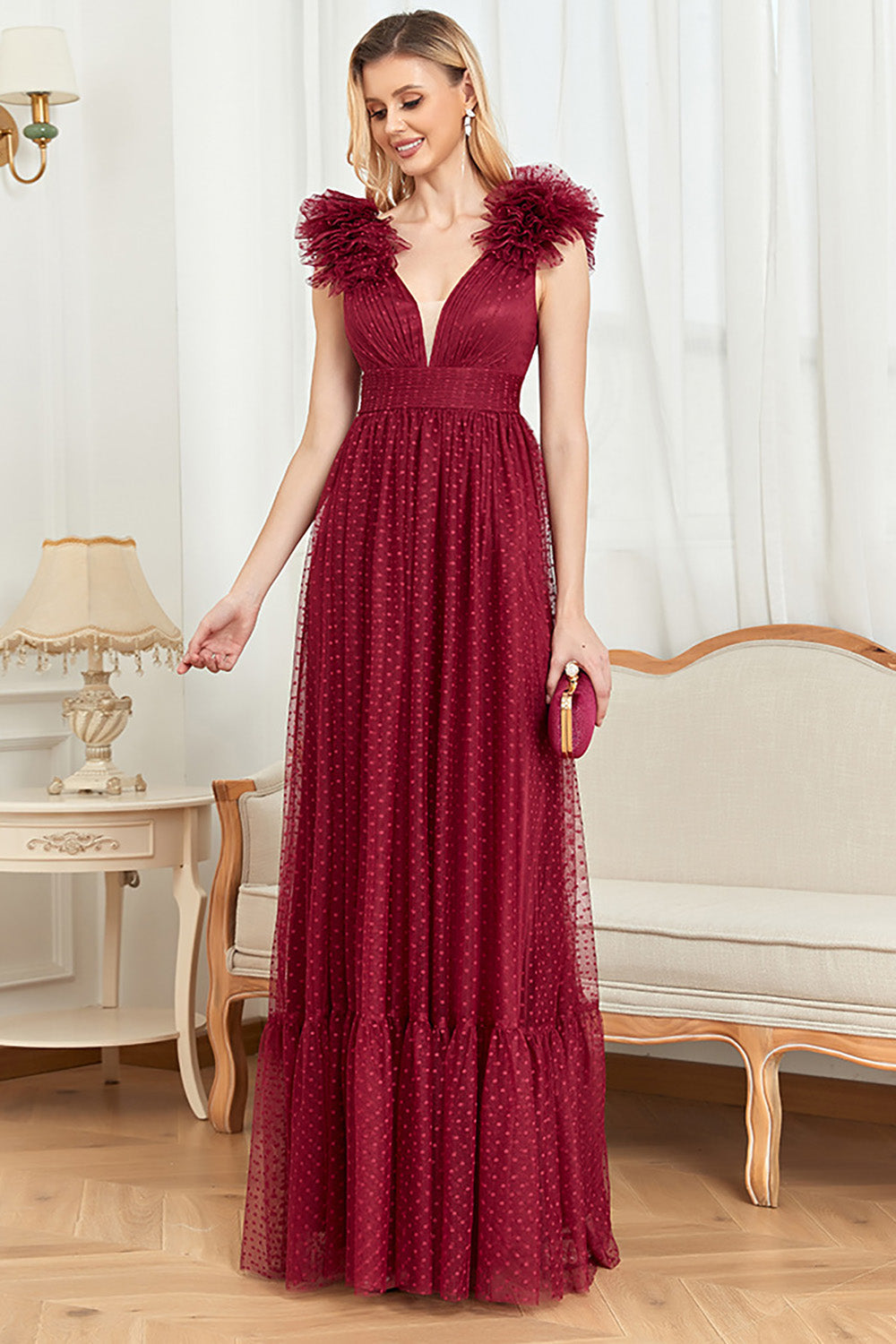 Burgundy A Line V Neck Sleeveless Tulle Long Prom Dress