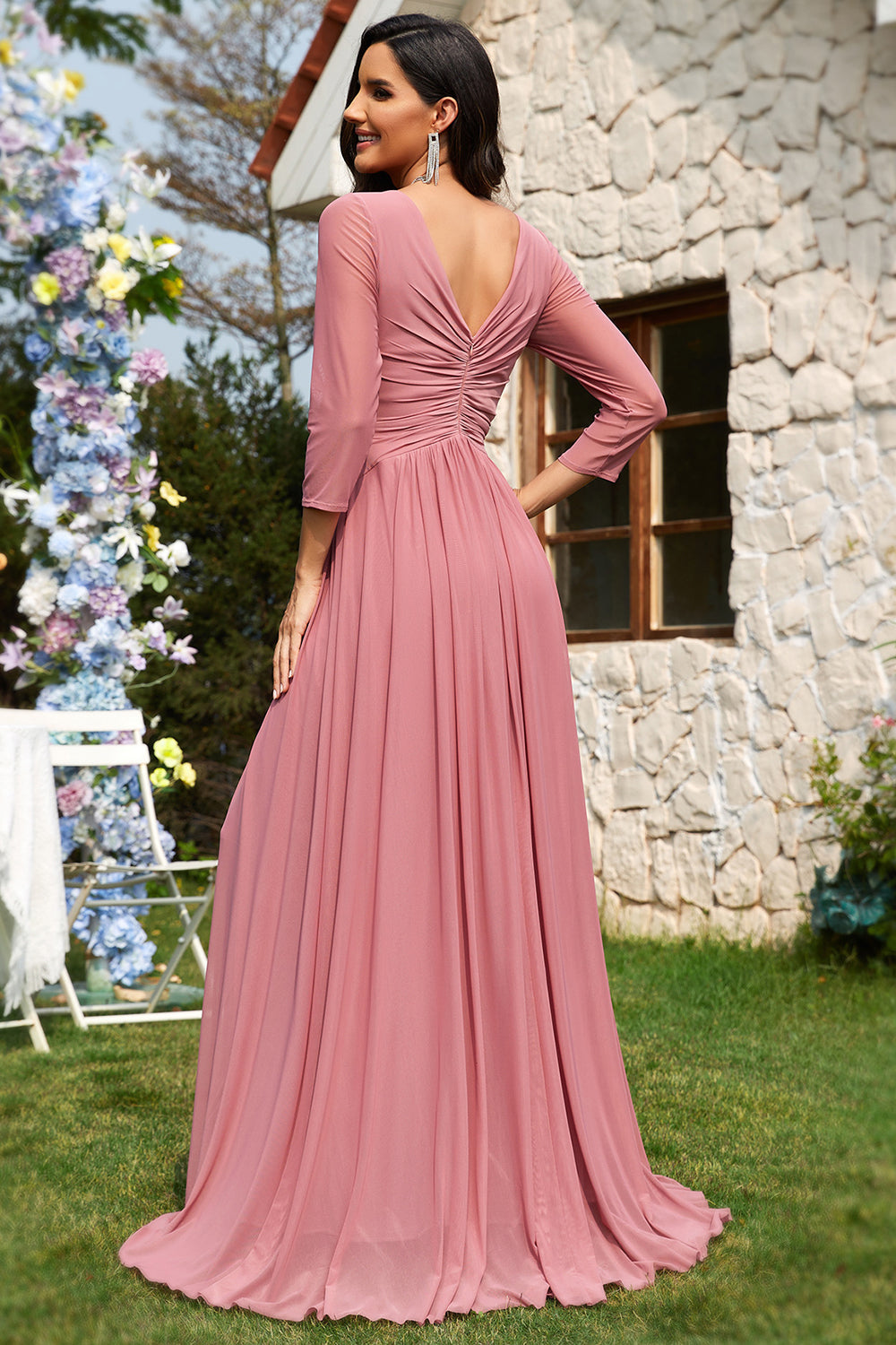 Dusty Rose A-Line V-Neck Long Sleeves Chiffon Long Formal Dress