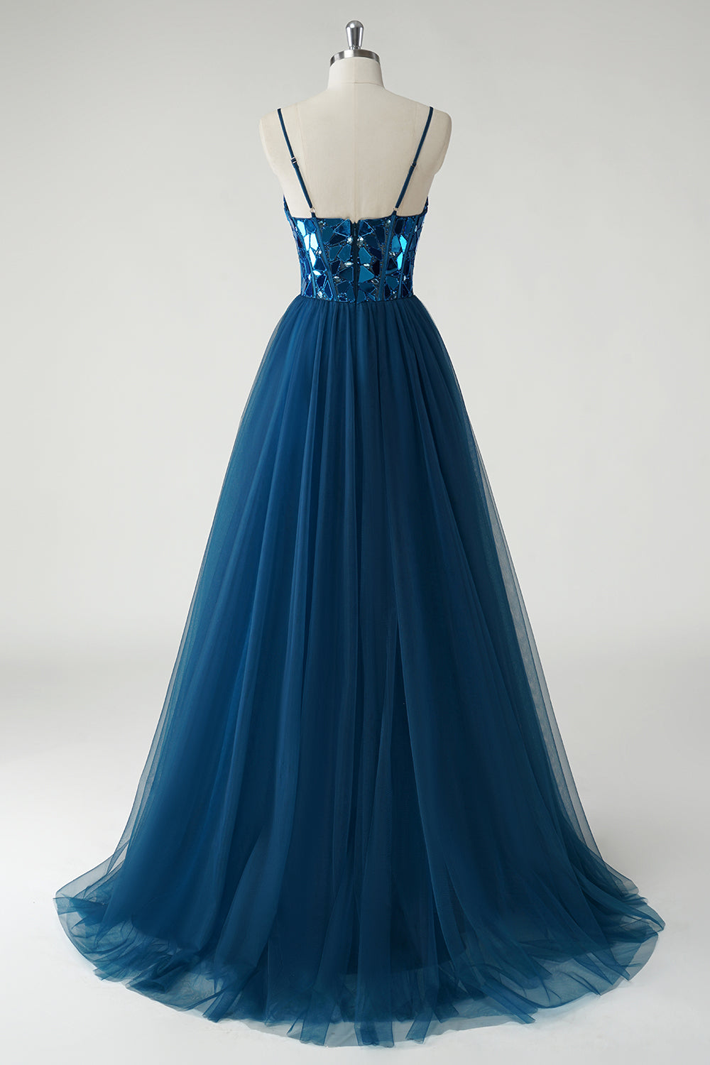 Dark Blue A Line Spaghetti Straps Broken Mirrors Tulle Corset Long Prom Dress