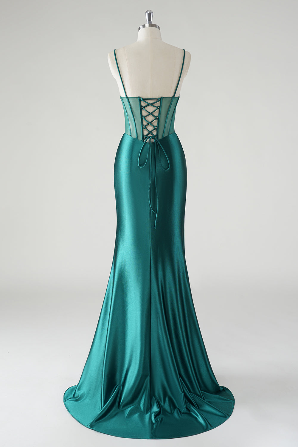 Dark Green Mermaid Spaghetti Straps Corset Long Prom Dress with Slit