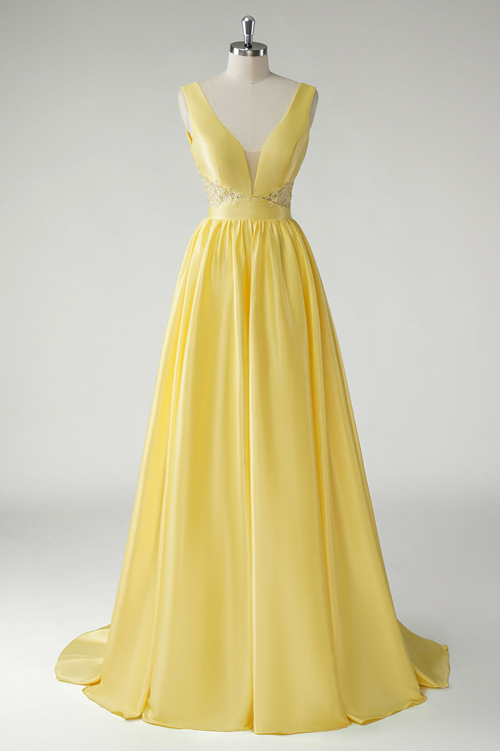 Yellow A Line Deep V Neck Cut Out Open Back Satin Long Prom Dress with Beading