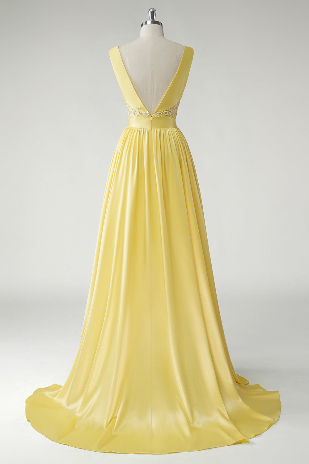 Yellow A Line Deep V Neck Cut Out Open Back Satin Long Prom Dress with Beading