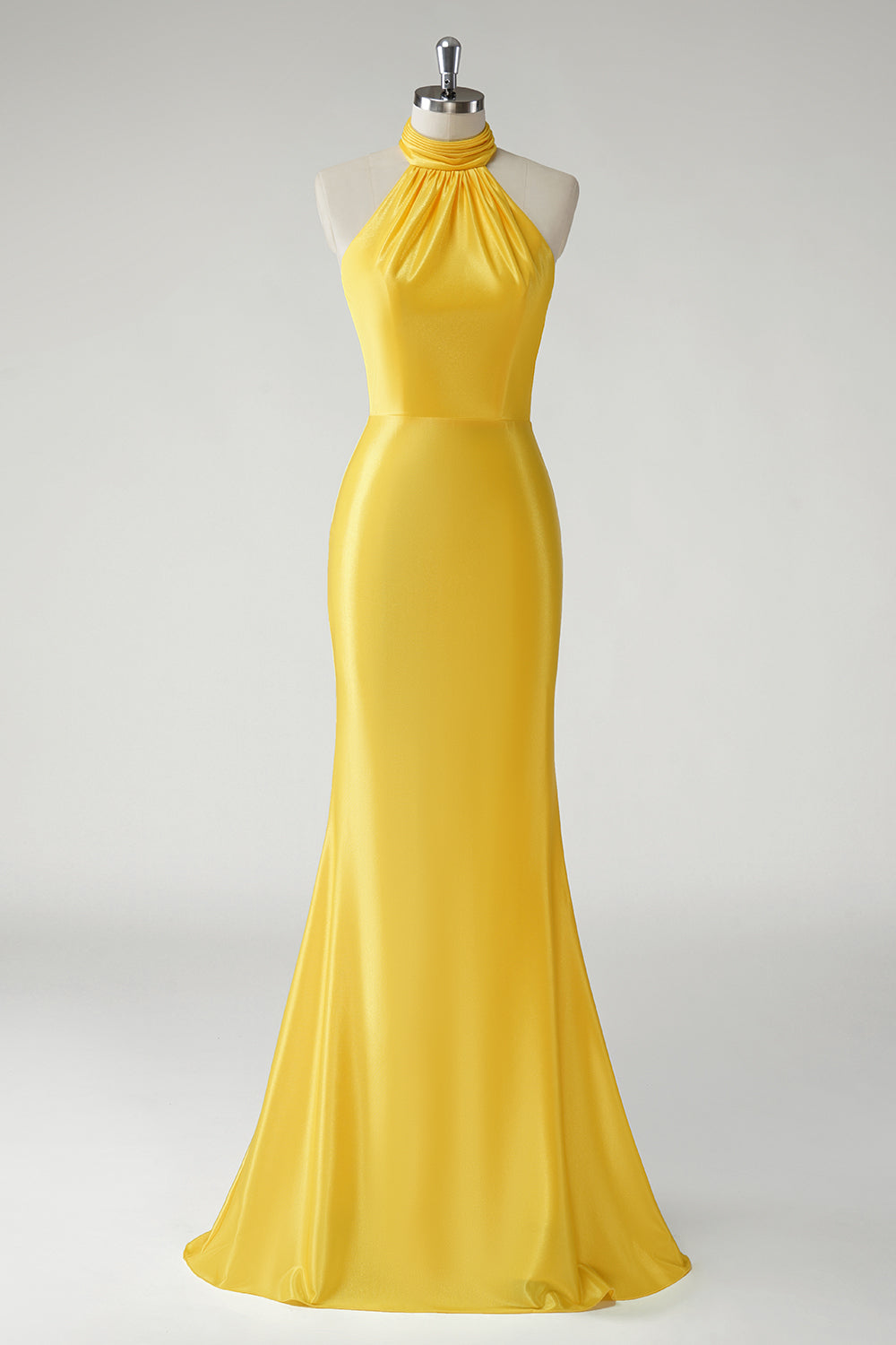 Yellow Mermaid High Neck Satin Pleated Cut Out Long Prom Dress