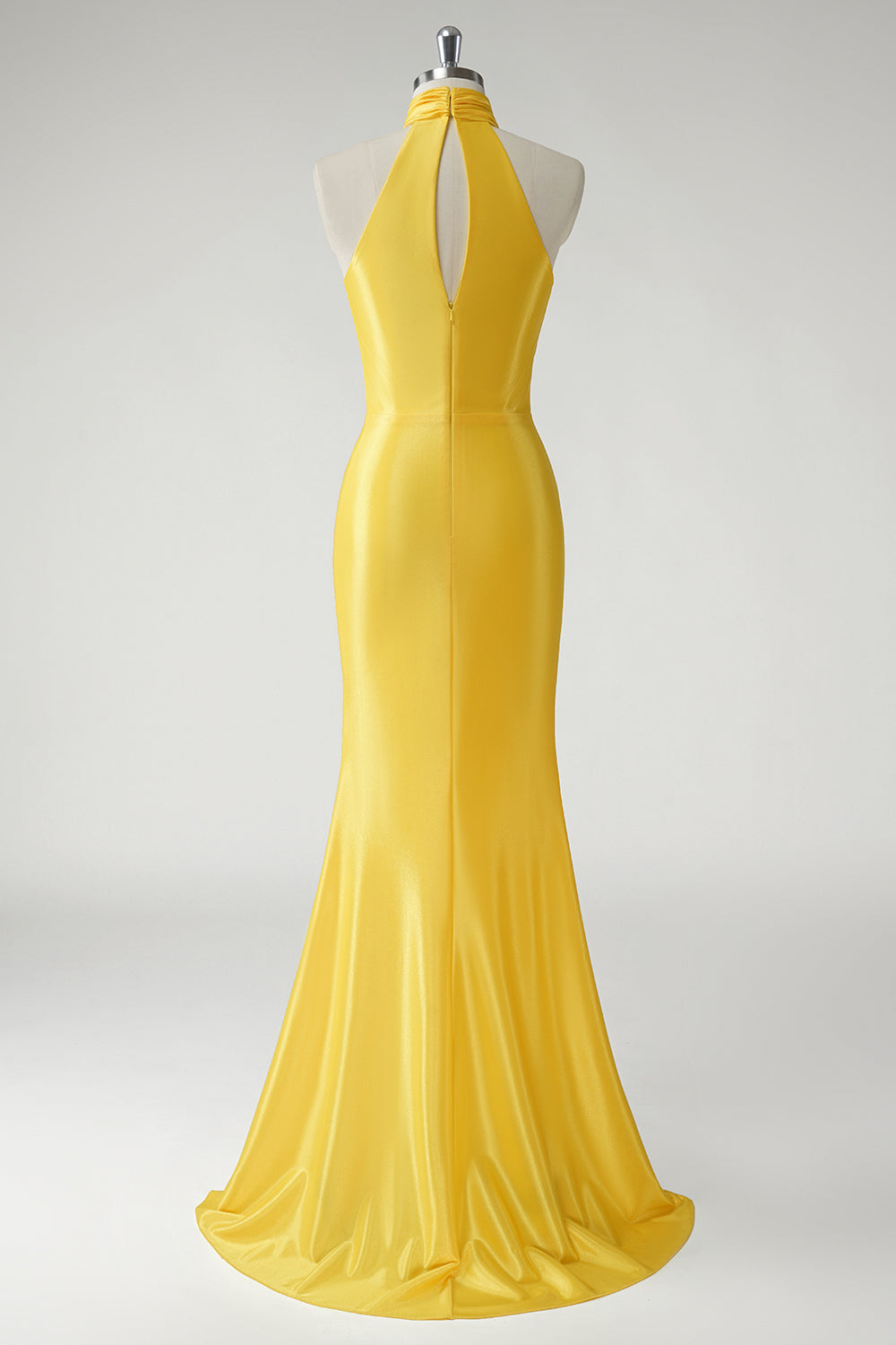 Yellow Mermaid High Neck Satin Pleated Cut Out Long Prom Dress