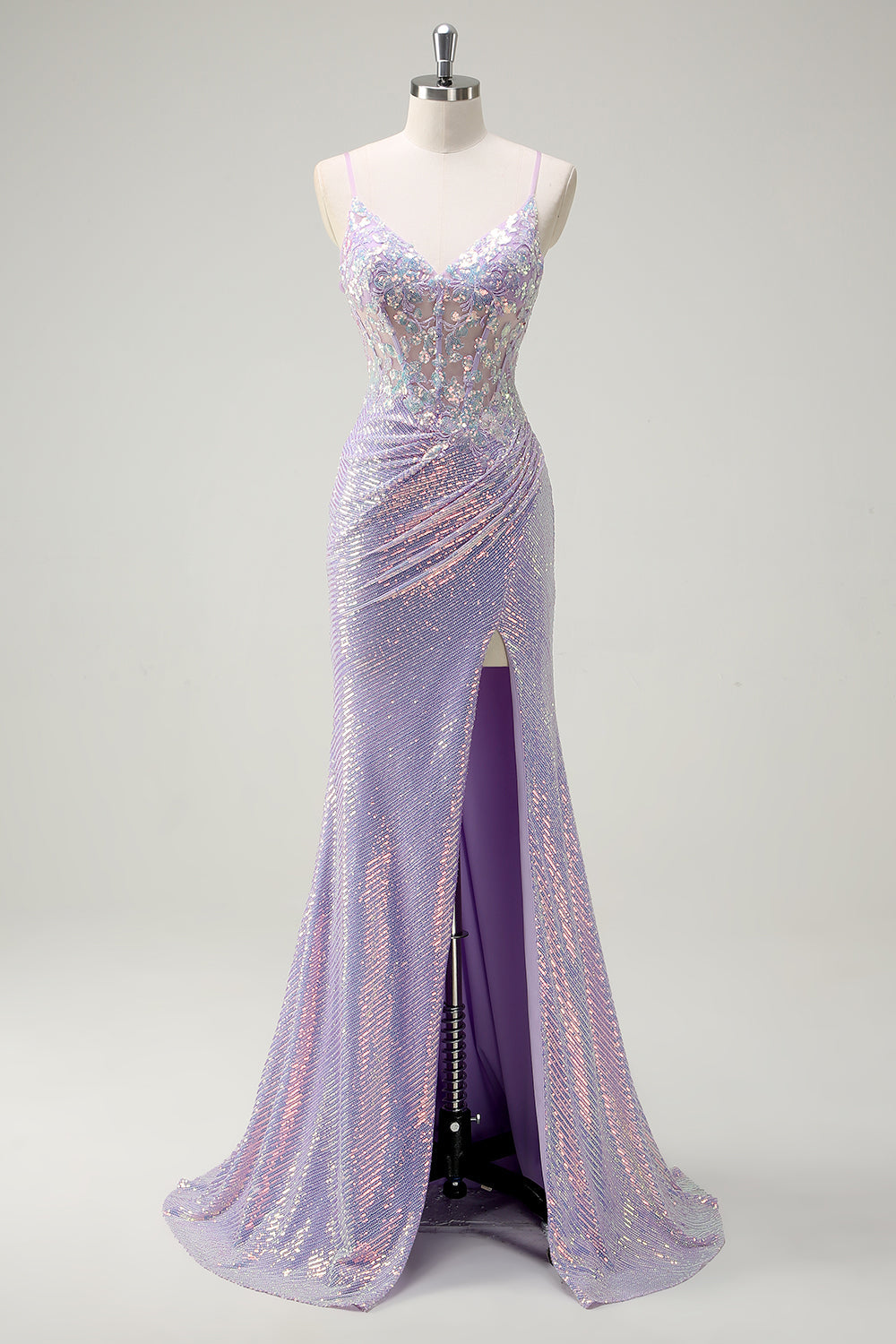 Sparkly Lilac Mermaid Spaghetti Straps Corset Long Prom Dress with Slit