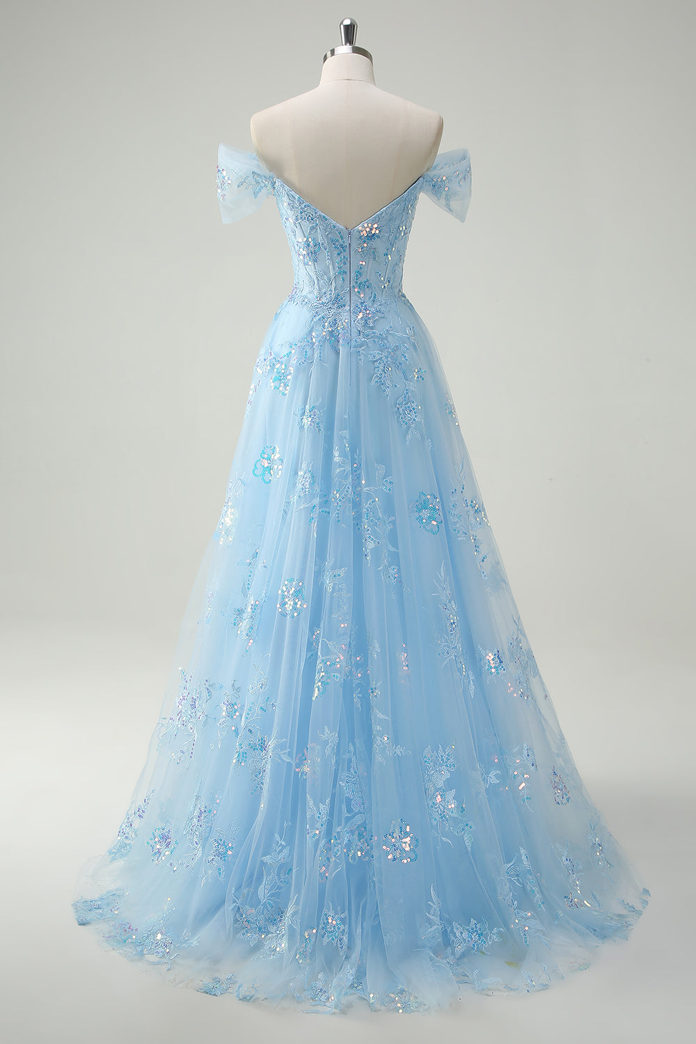 Sparkly Sky Blue A Line Off The Shoulder Corset Long Prom Dress with Slit