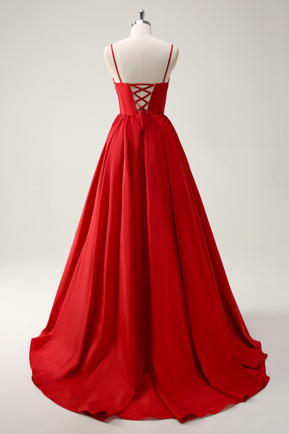 Ball-Gown Spaghetti Straps Lace Up Back Red Long Prom Dress with Slit