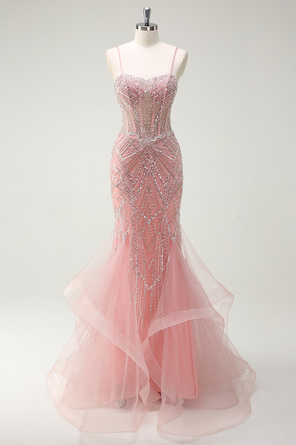 Sparkly Pink Mermaid Spaghetti Straps Sequin Corset Long Prom Dress