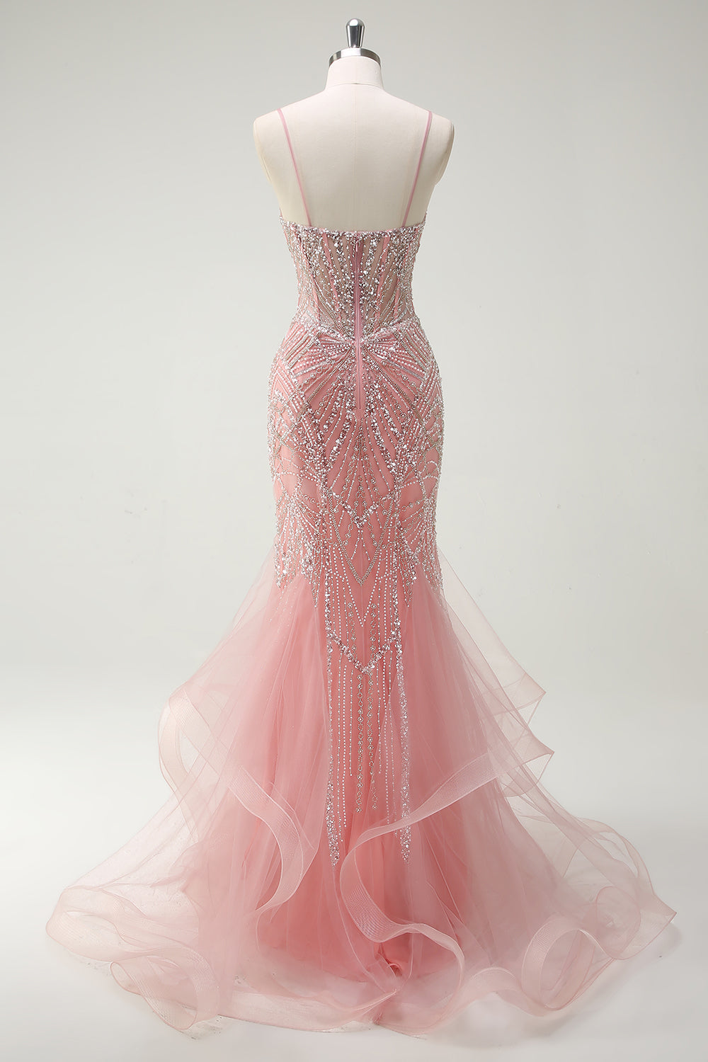 Sparkly Pink Mermaid Spaghetti Straps Sequin Corset Long Prom Dress