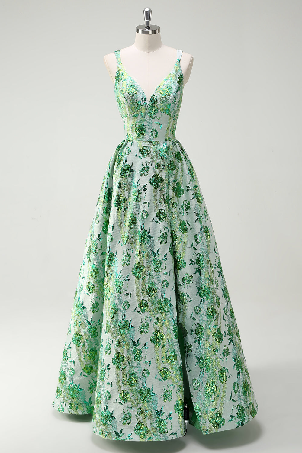 Sparkly Princess Green Floral Spaghetti Straps Long Prom Dress with Slit