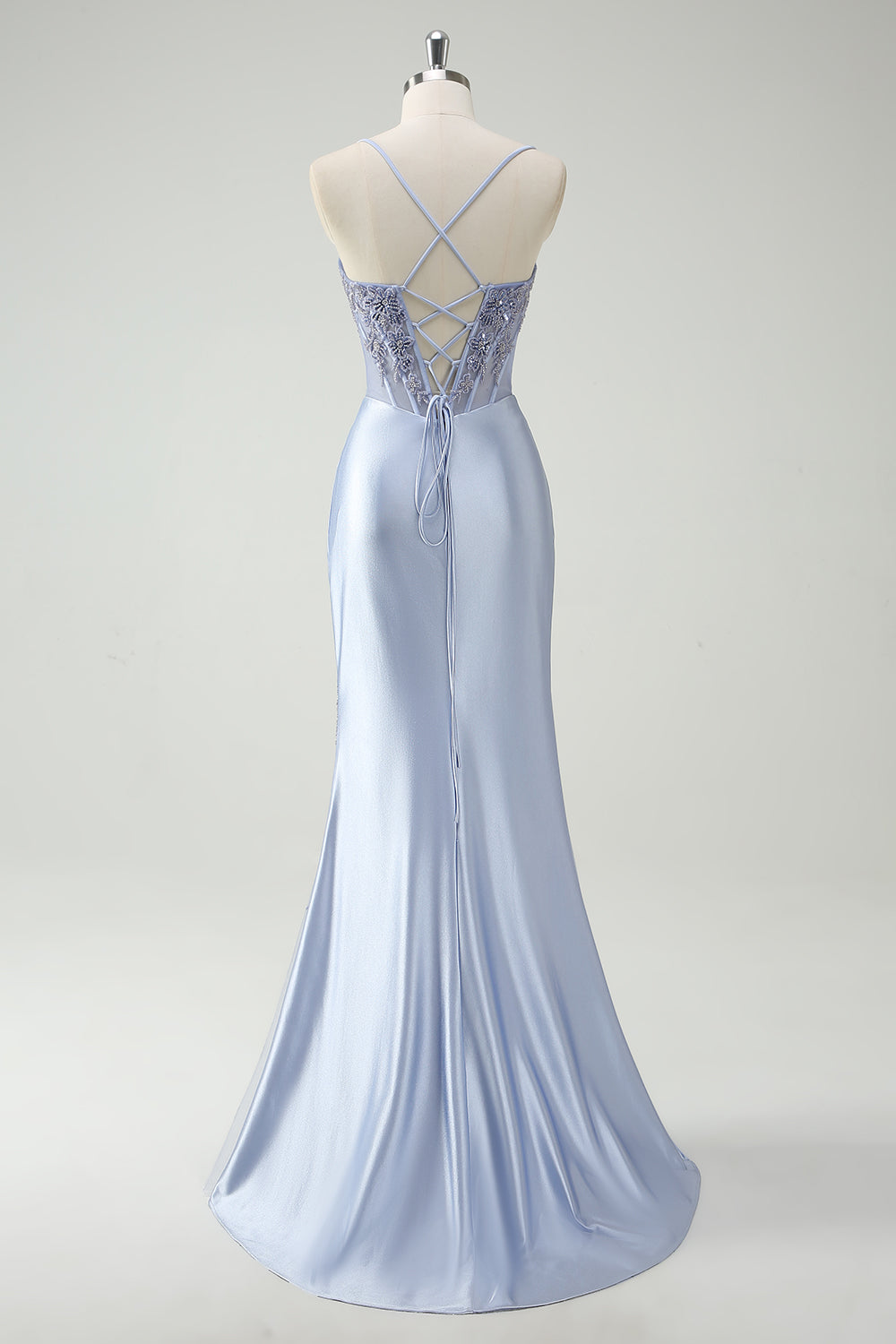 Light Blue Mermaid Spaghetti Straps Ruched Beaded Long Prom Dress with Slit