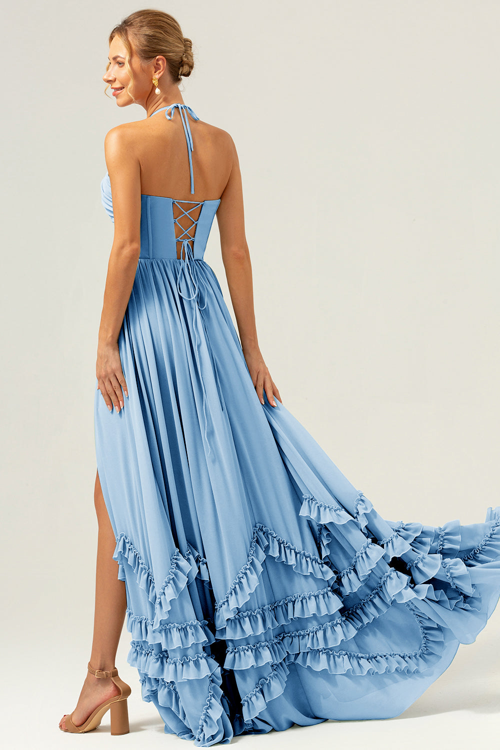 A Line Halter Lace Up Back Chiffon Long Bridesmaid Dress with Slit