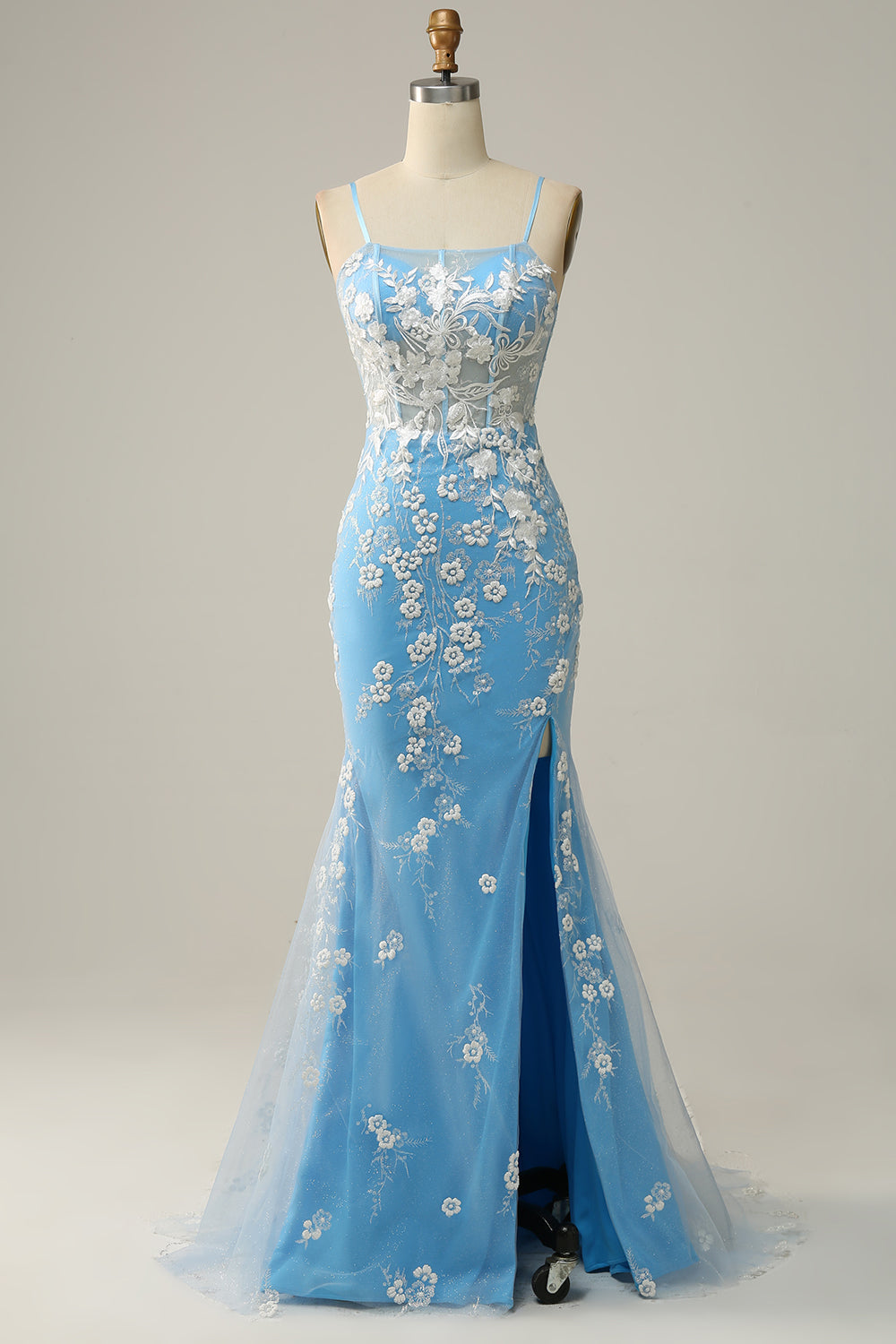 Blue Mermaid Spaghetti Straps Long Prom Dress with Appliques