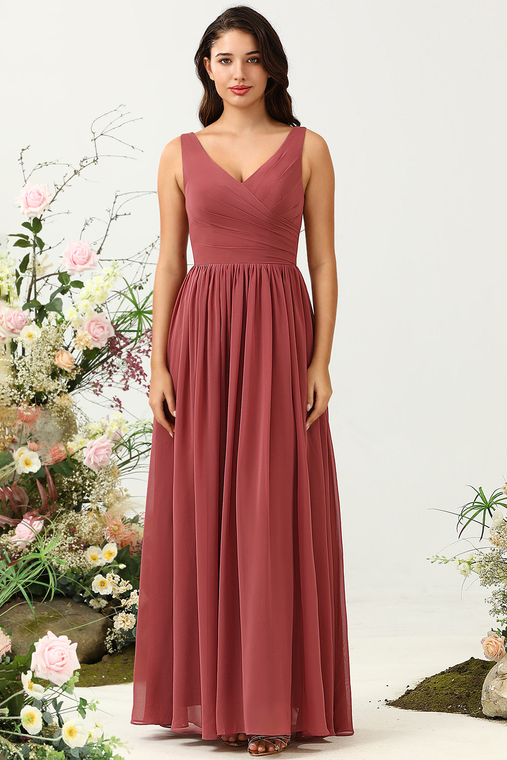 Desert Rose A Line V Neck Long Chiffon Bridesmaid Dress with Ruffles