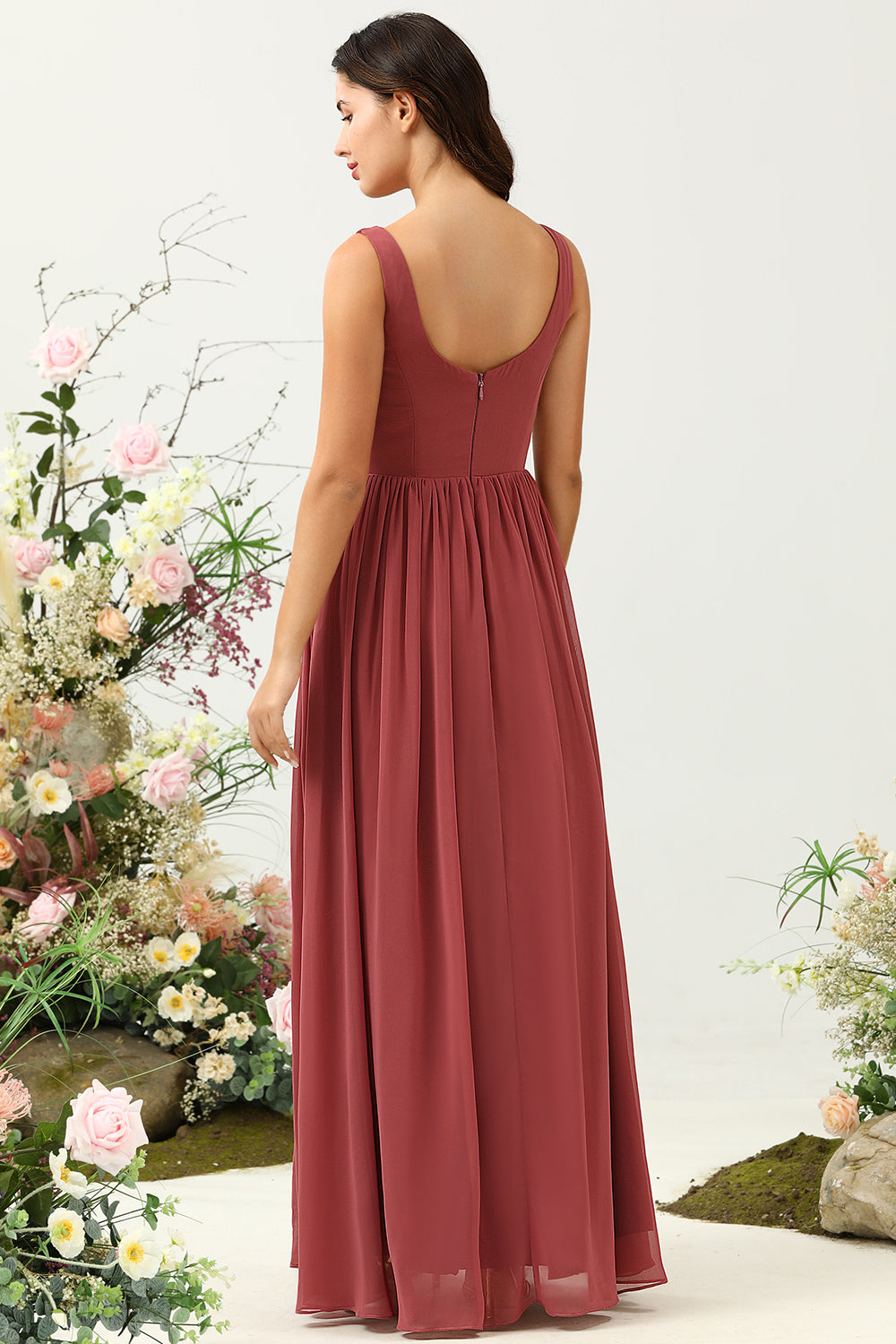 Desert Rose A Line V Neck Long Chiffon Bridesmaid Dress with Ruffles