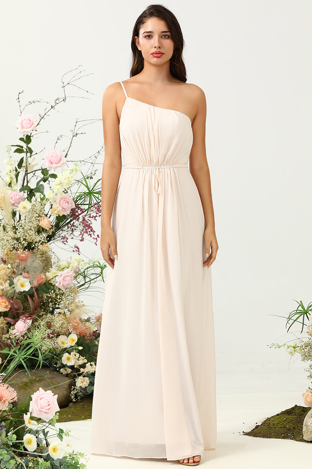 Light Pink A Line One Shoulder Chiffon Bridesmaid Dress with Ruffles