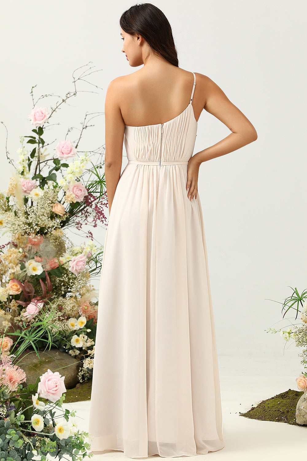 Light Pink A Line One Shoulder Chiffon Bridesmaid Dress with Ruffles