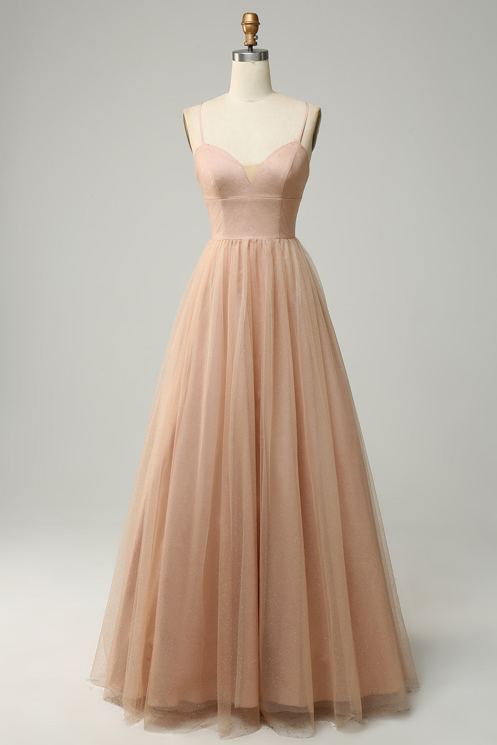 Champagne A Line Spaghetti Straps Long Bridesmaid Dress