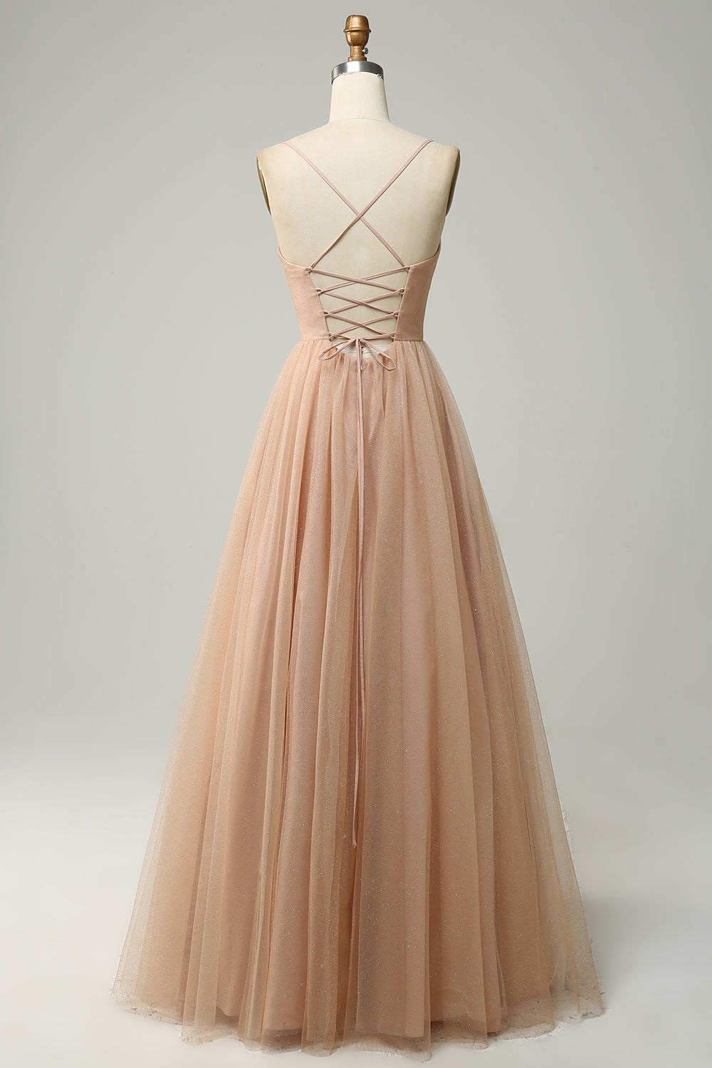 Champagne A Line Spaghetti Straps Long Bridesmaid Dress