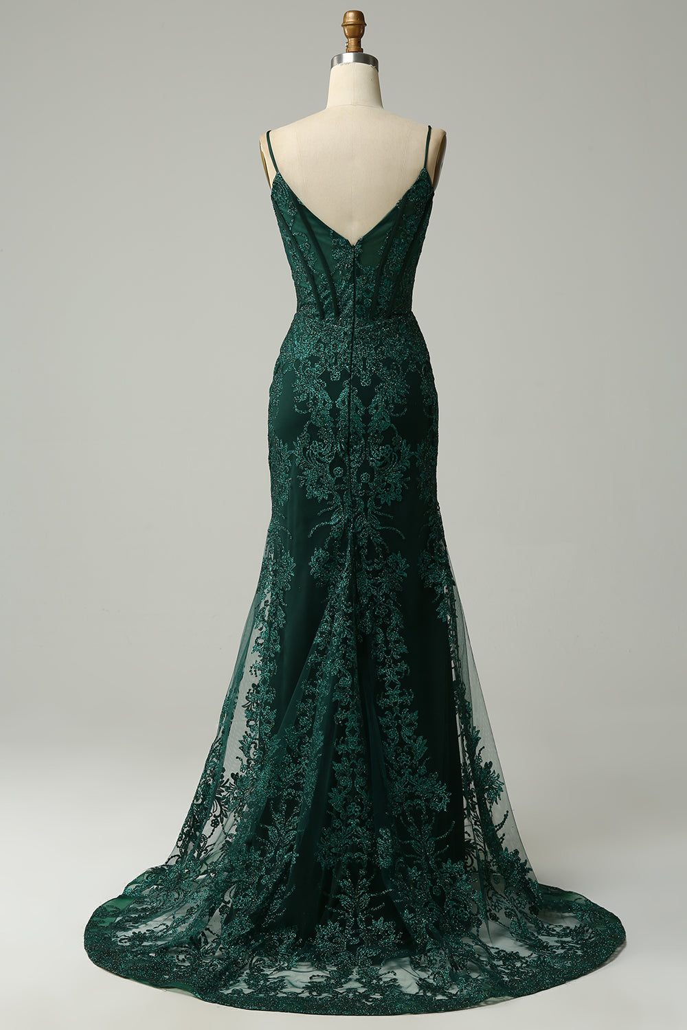 Peacock Green Mermaid Spaghetti Straps Corset Prom Dress with Appliques