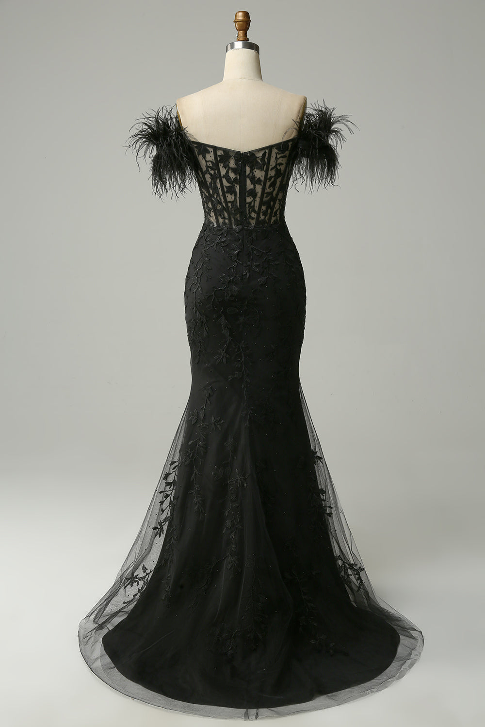 Mermaid Off the Shoulder Long Black Wedding Dress with Feather