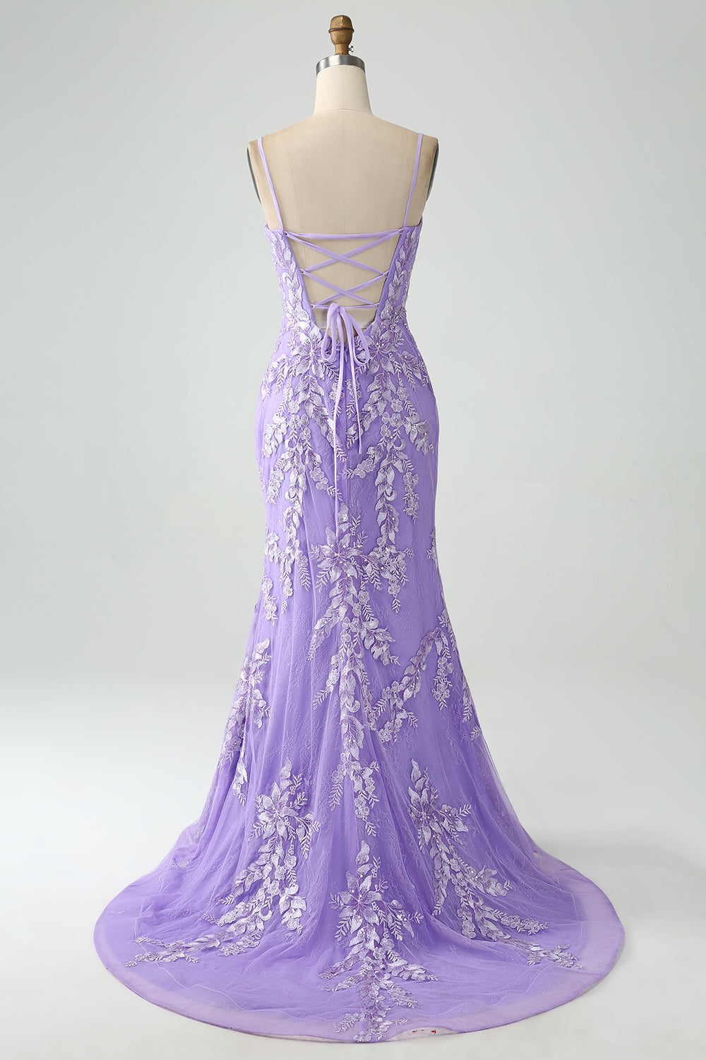 Lilac Mermaid Spaghetti Straps Corset Back Long Prom Dress with Embroidery