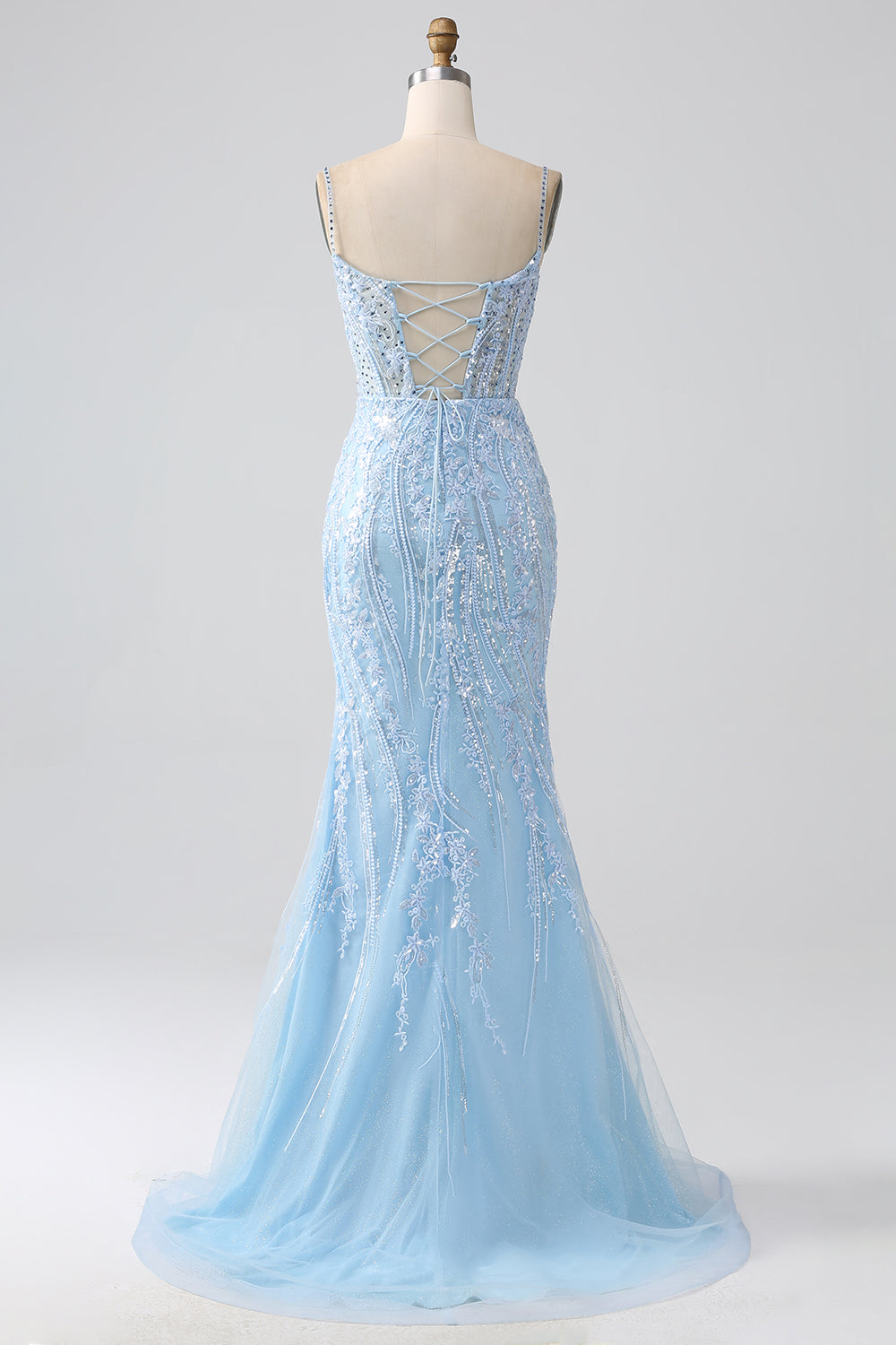 Sparkly Sky Blue Mermaid Spaghetti Straps Corset Long Prom Dress With Sequins