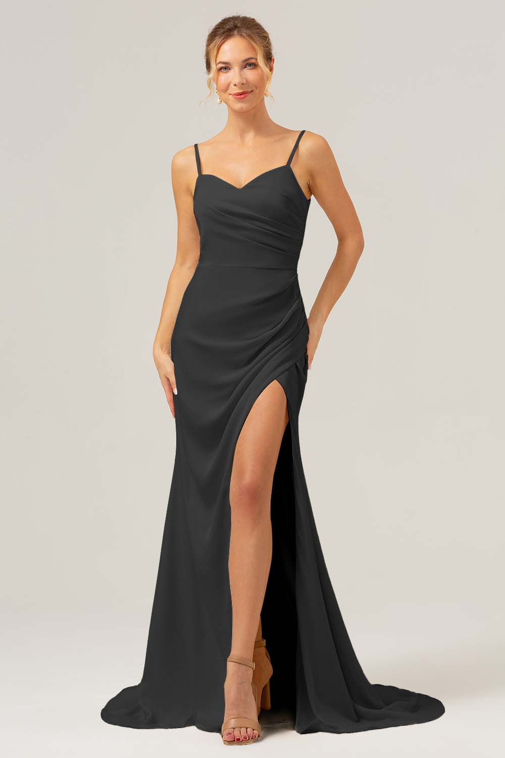 Black Sheath Spaghetti Straps Ruched Long Satin Bridesmaid Dress with Slit