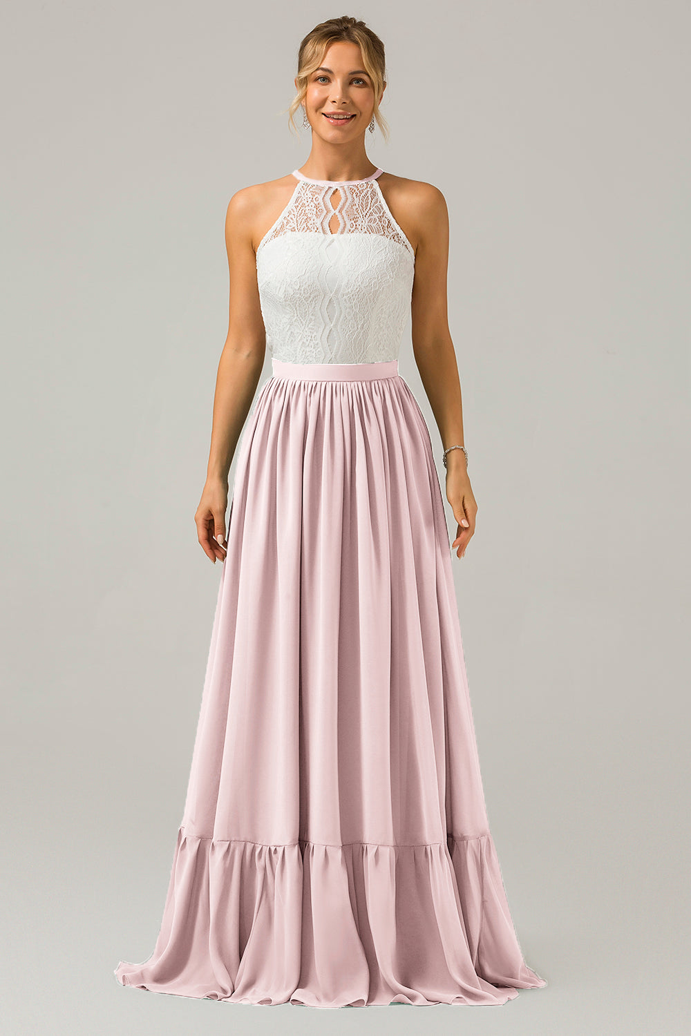 A-Line Halter Pleated Keyhole Chiffon Bridesmaid Dress With Lace