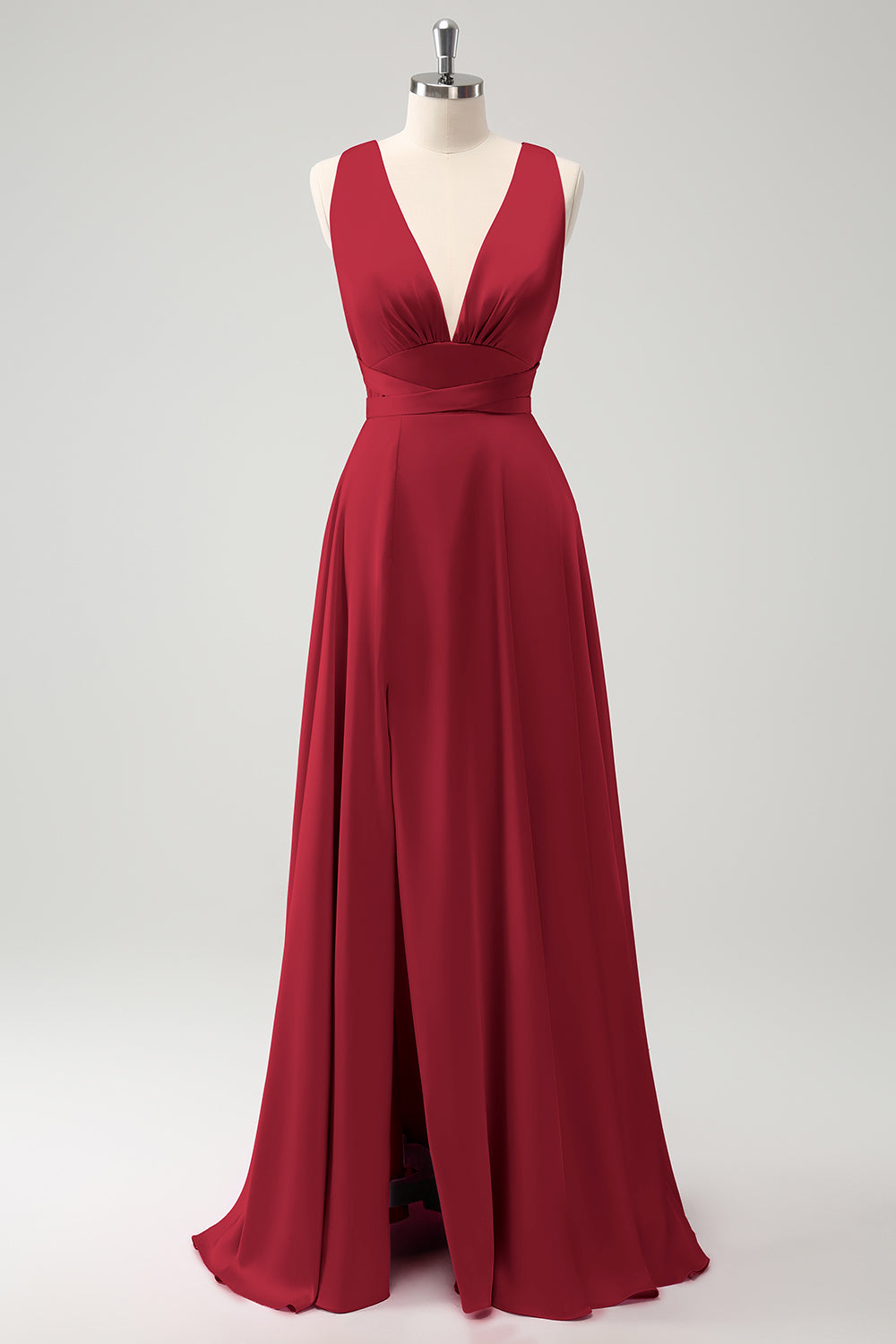 Burgundy A Line Deep V Neck Backless Long Bridesmaid Dress with Slit