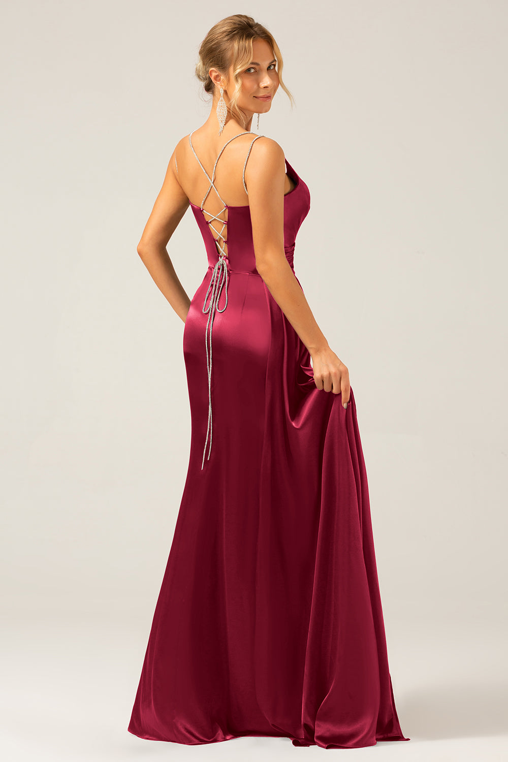 Burgundy Mermaid Spaghetti Straps Pleated Sequin Maxi Dress With Slit