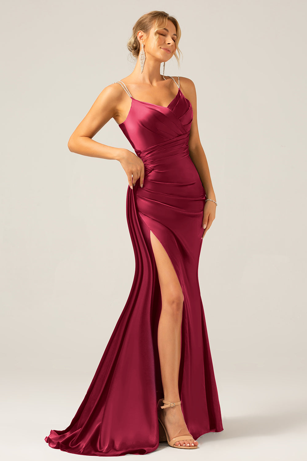 Burgundy Mermaid Spaghetti Straps Pleated Sequin Maxi Dress With Slit