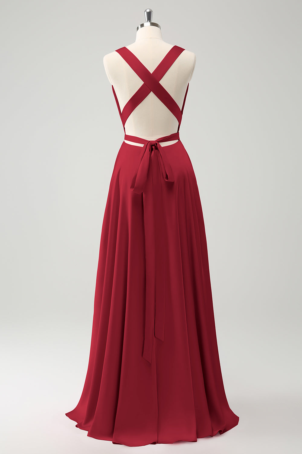 Burgundy A Line Deep V Neck Backless Long Bridesmaid Dress with Slit