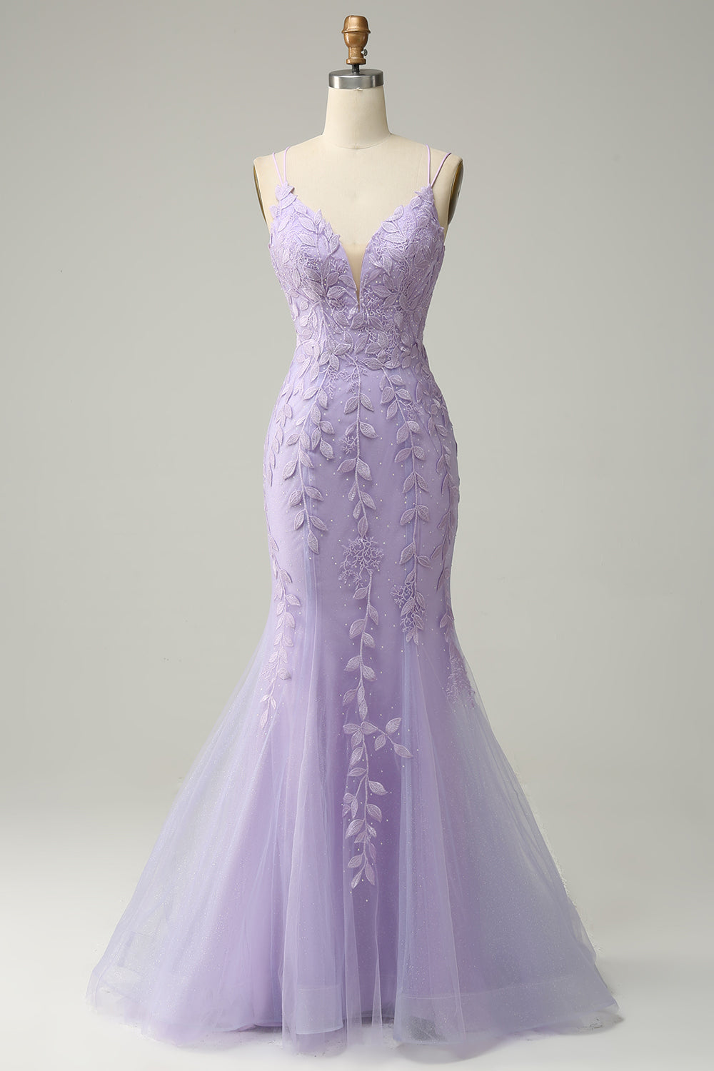 Purple Spaghetti Straps Mermaid Long Prom Dress With Appliques