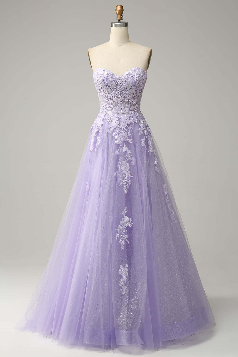 Purple A Line Strapless Lace Up Back Long Prom Dress with Appliques