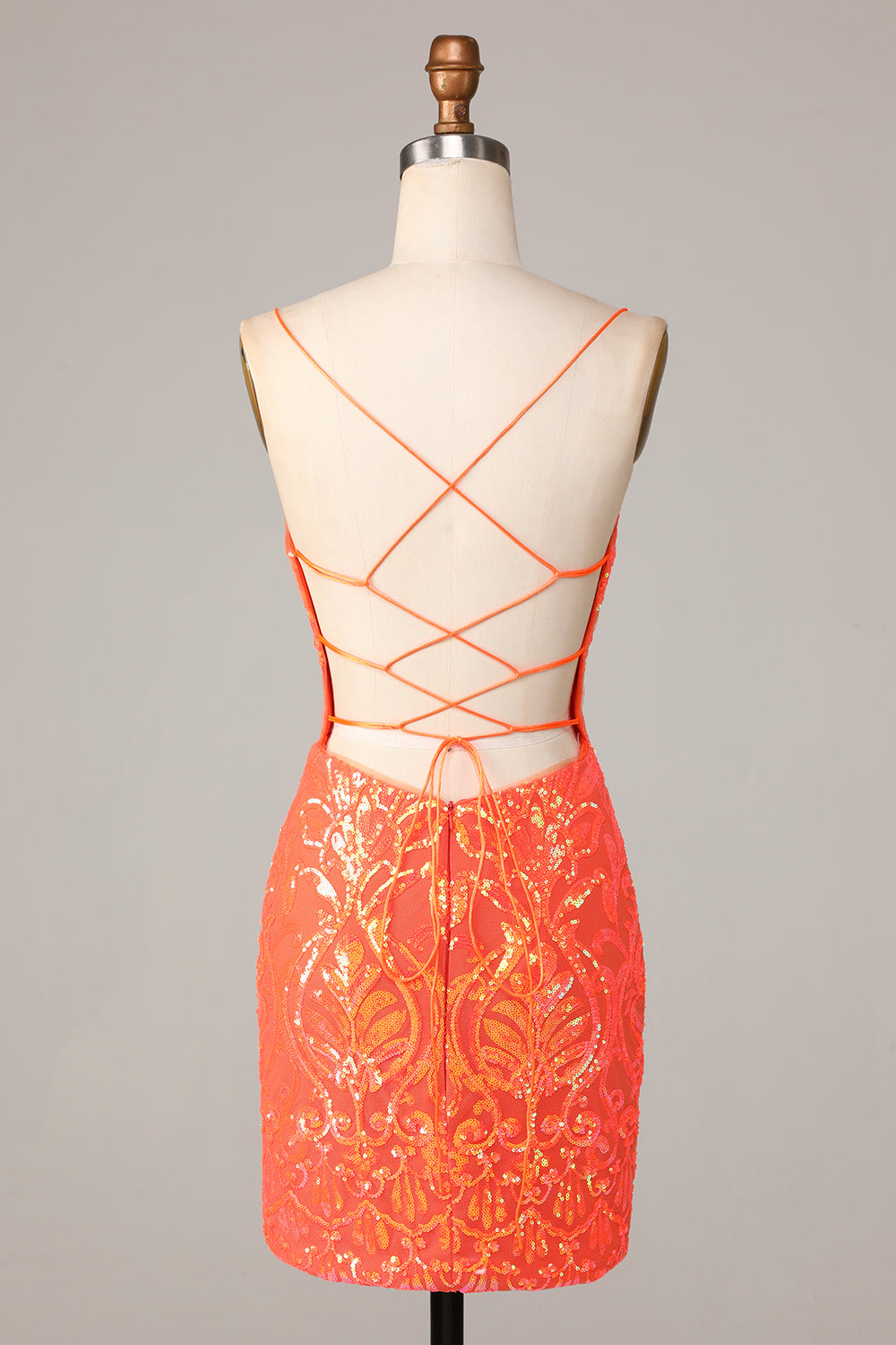 Sparkly Orange Bodycon Spaghetti Straps Sequins Short Homecoming Dress