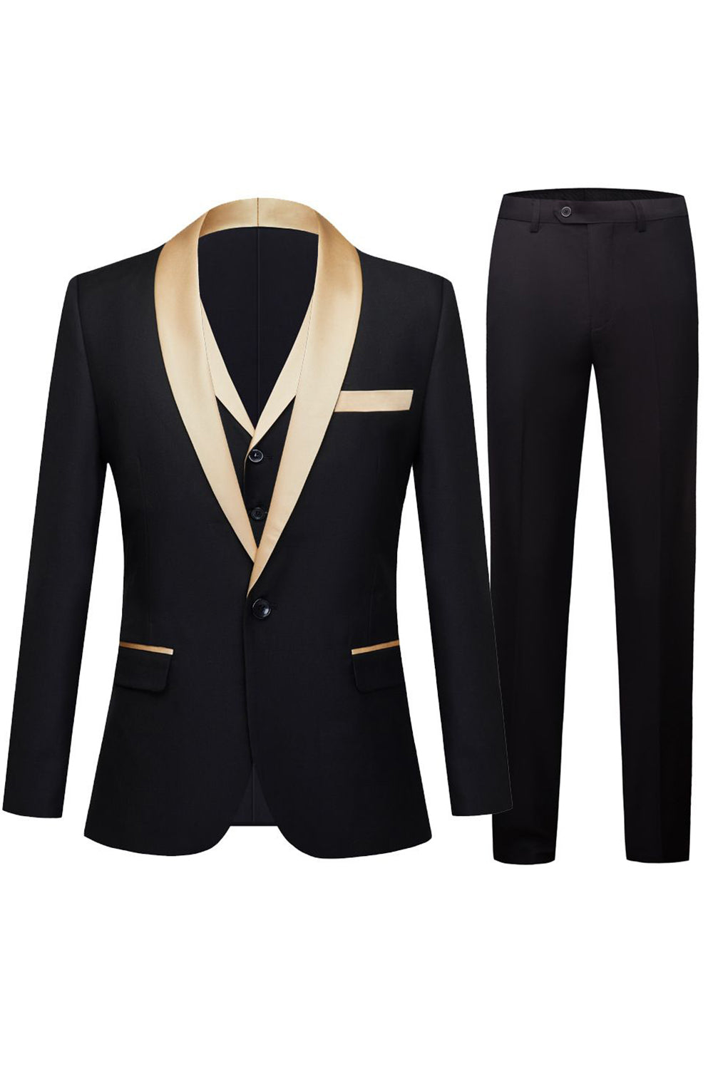 Men’s Black and Champagne 3 Piece Shawl Lapel Wedding Suits