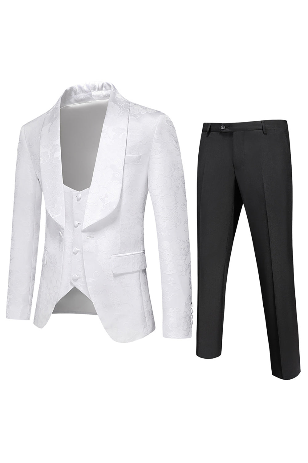 Men’s White Jacquard 3-Piece Shawl Lapel Prom Suits