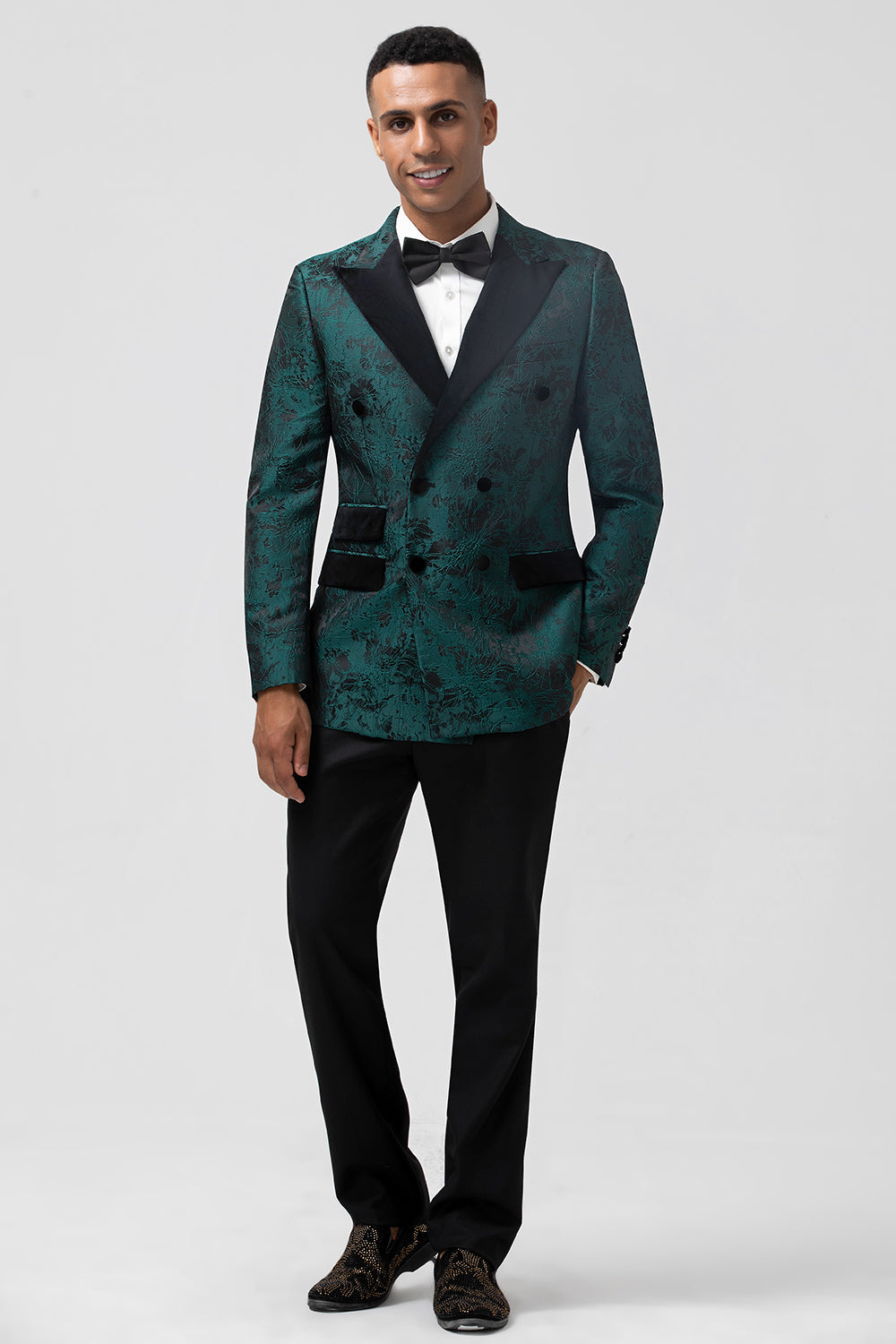 Men’s Dark Green Peak Lapel 2 Piece Double Breasted Jacquard Prom Suits