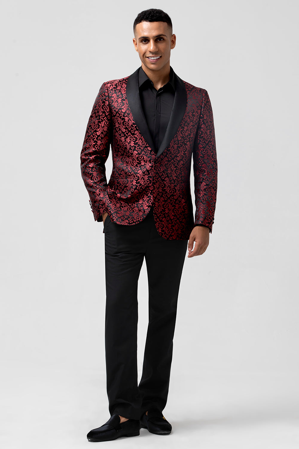 Men’s Red Shawl Lapel One Button Jacquard 2 Piece Wedding Suits