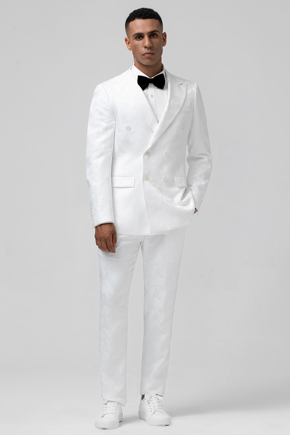 Men’s White Notched Lapel Jacquard Double Breasted 2 Piece Prom Suits