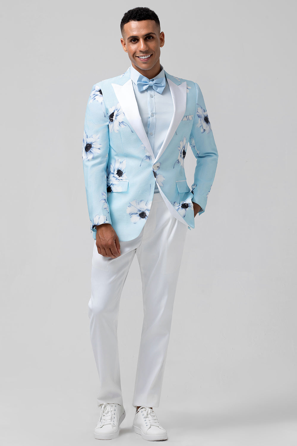 Men’s Light Blue Floral Peak Lapel One Button 2 Piece Wedding Suits