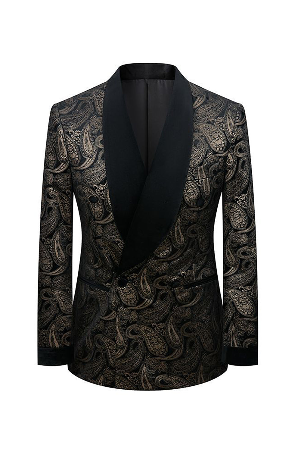 Black Golden Silm Fit Jacquard 2 Piece Shawl Lapel One Button Men’s Prom Suits