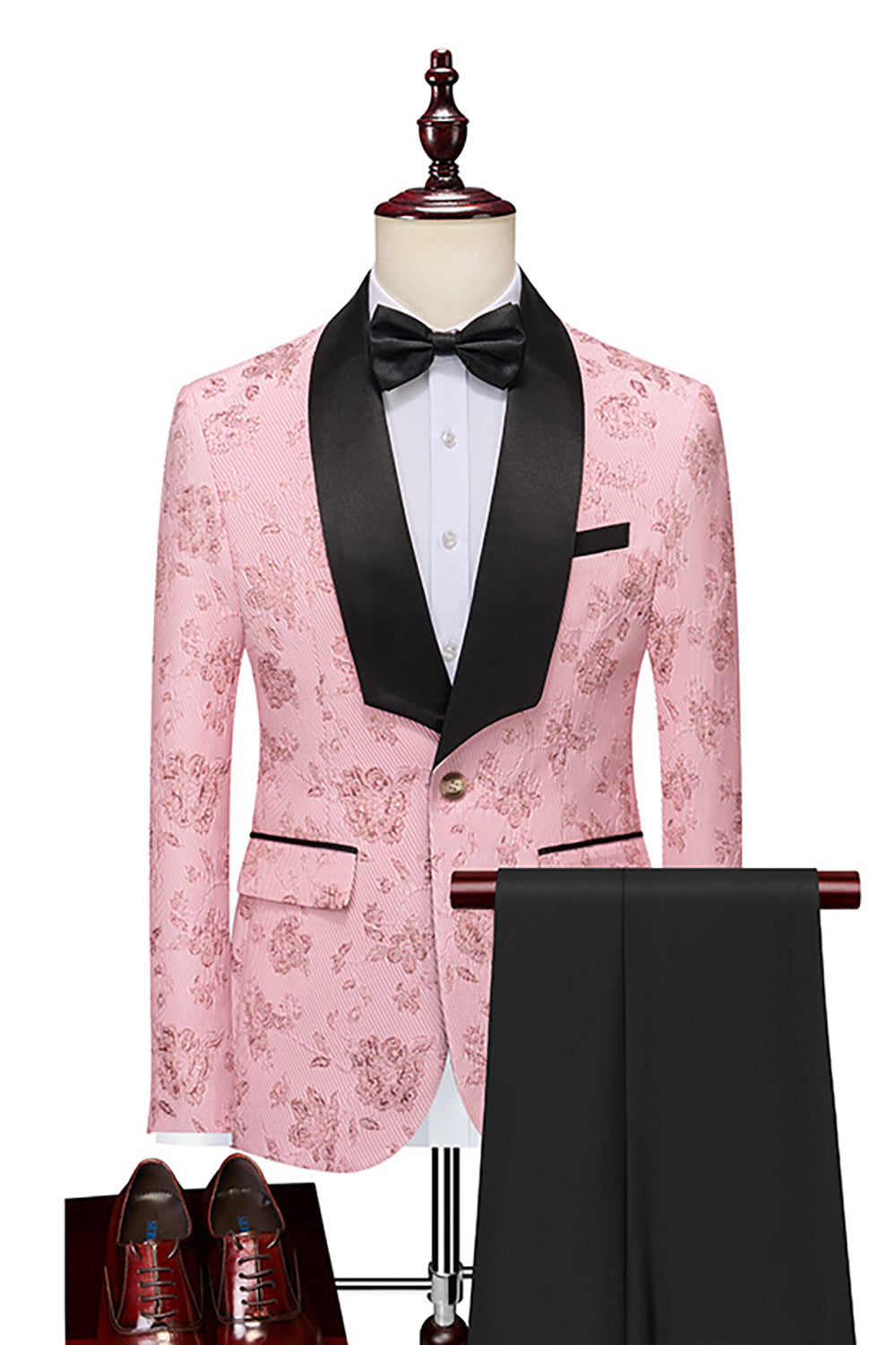 Men’s Pink Silm Fit Shawl Lapel Jacquard 2 Pieces Wedding Suits