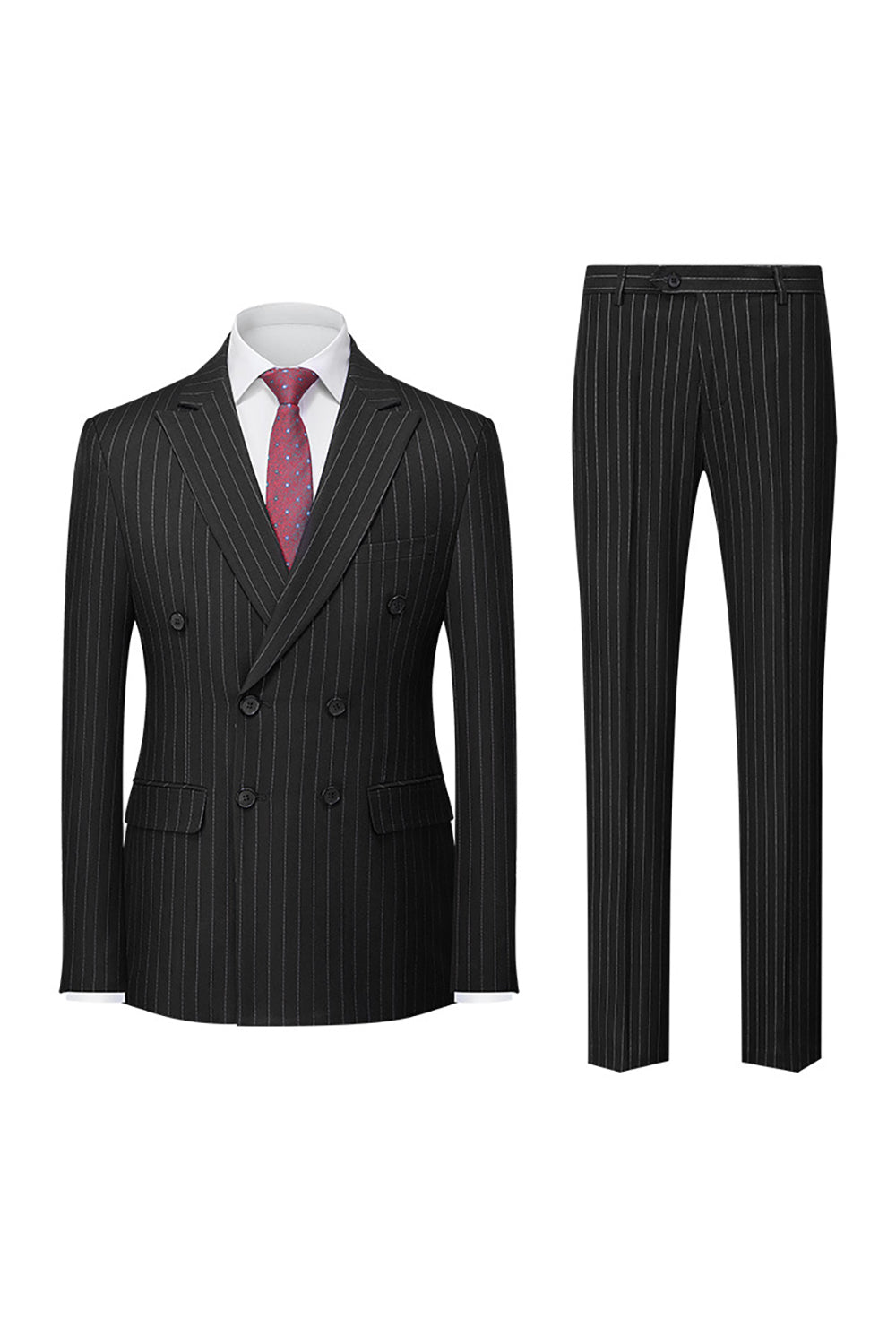 Men’s Black Pinstriped Peak Lapel 2 Piece Silm Fit Double Breatsed Wedding Suits