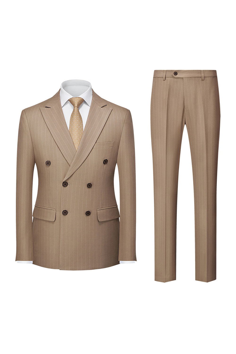 Men’s Khaki Pinstriped Peak Lapel 2 Piece Silm Fit Double Breatsed Wedding Suits