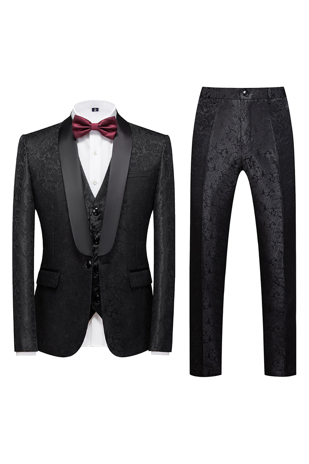 Men’s Black Silm Fit 3 Piece Jacquard Shawl Lapel Wedding Suits